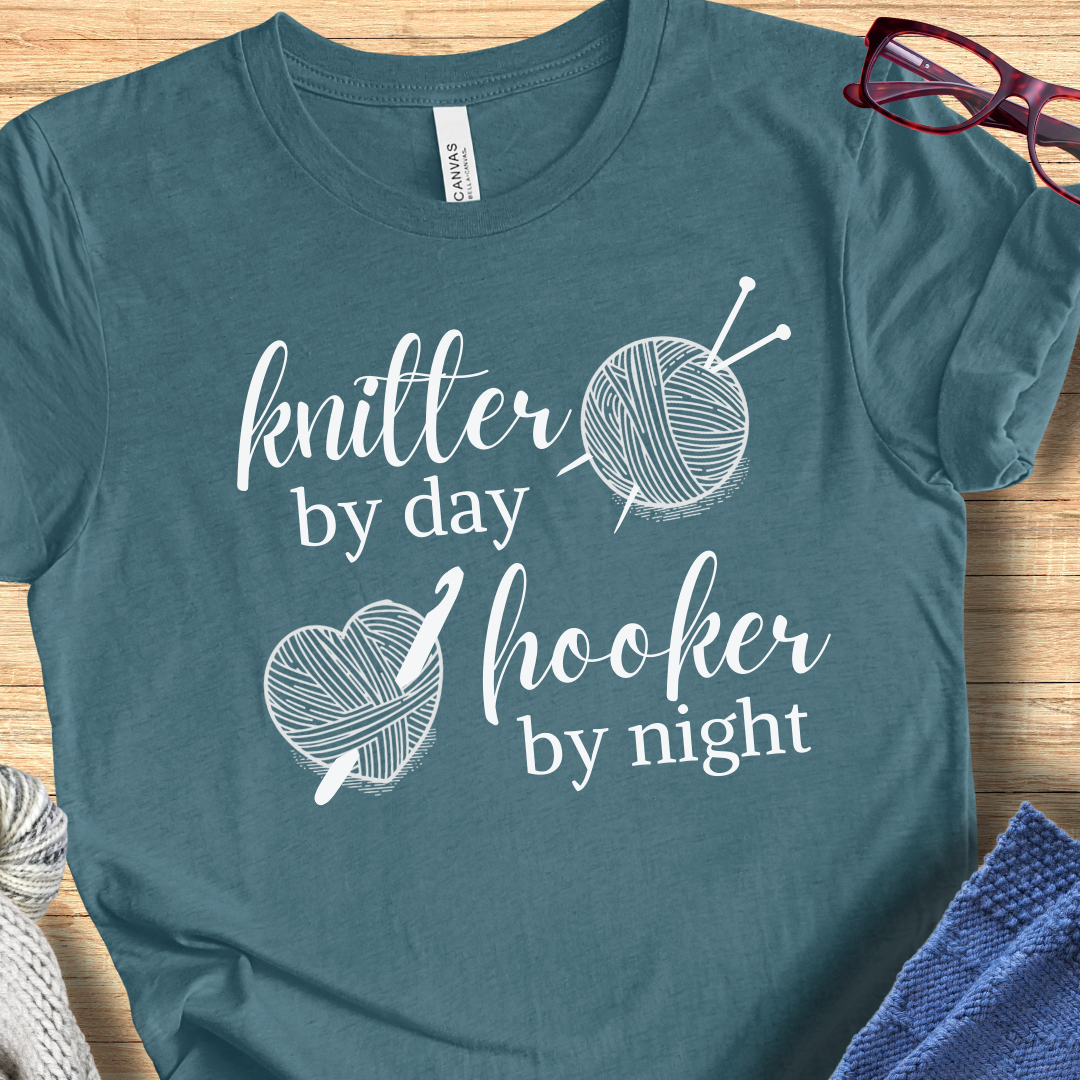 'Knitter by Day, Hooker By Night' t-shirt (design 3)