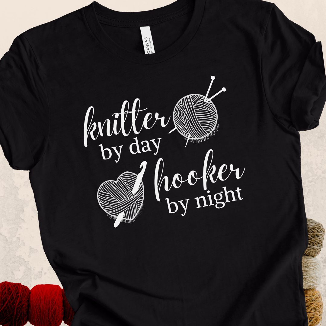 'Knitter by Day, Hooker By Night' t-shirt (design 3)