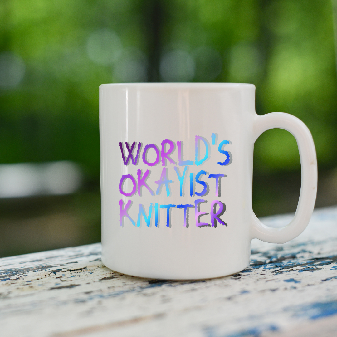 'World's okayist knitter' White glossy mug