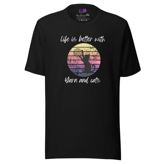 'Life is better with yarn and cats' Crew Neck T-Shirt