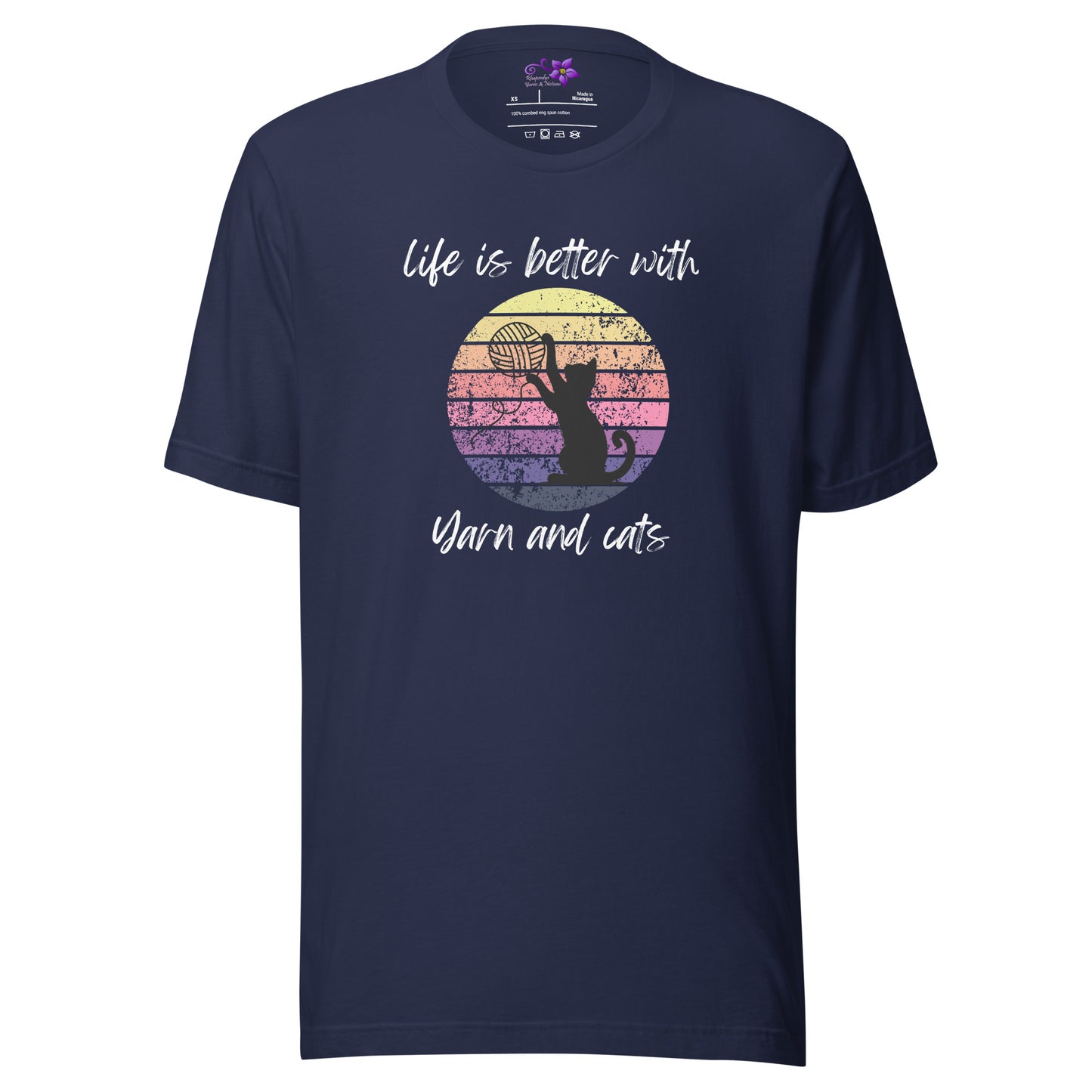 'Life is better with yarn and cats' Crew Neck T-Shirt