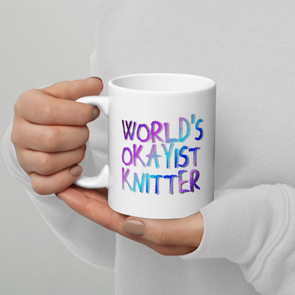 'World's okayist knitter' White glossy mug