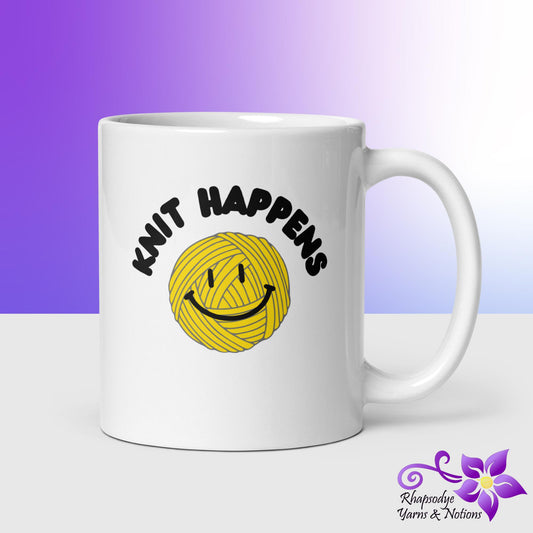 'Knit Happens' White glossy mug