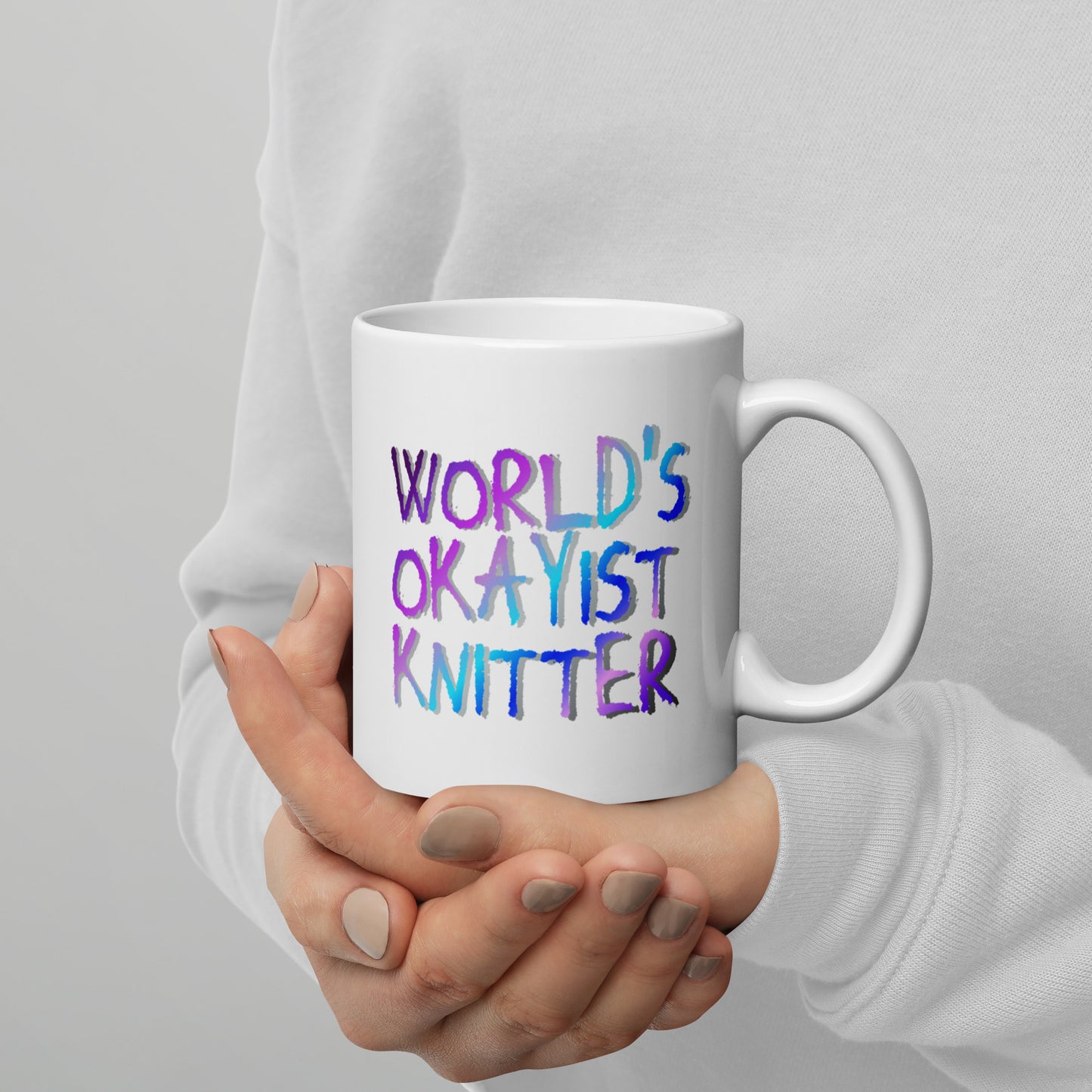 'World's okayist knitter' White glossy mug