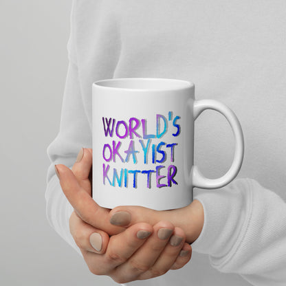 'World's okayist knitter' White glossy mug